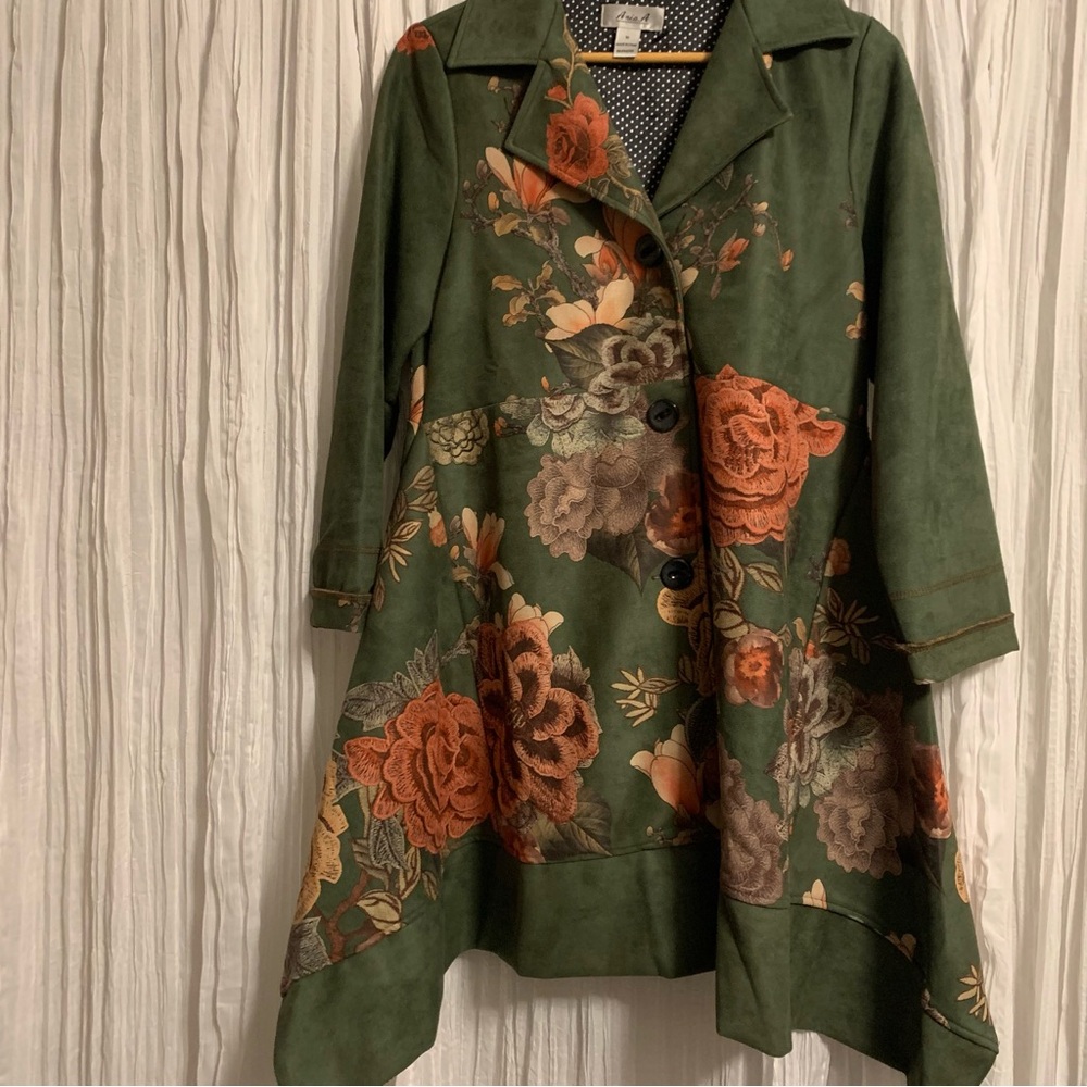 Anis.A Floral blooming soft asymmetrical button coat wearable art M - Picture 1 of 17